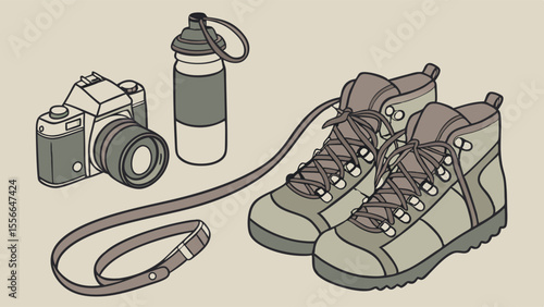 Hiking boots with camera and water bottle for outdoor adventure.
