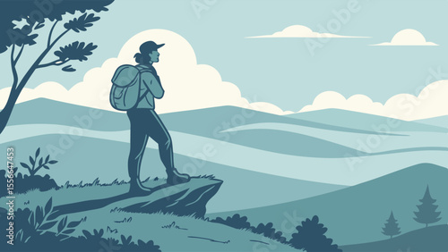 Man with backpack standing on a cliff edge looking out at the landscape.