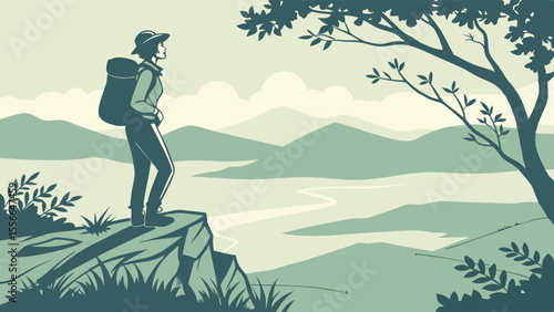 Serene hiker standing on a rocky cliff with a backpack.