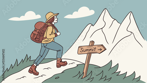 Hiker with backpack walking towards mountain summit on a trail.