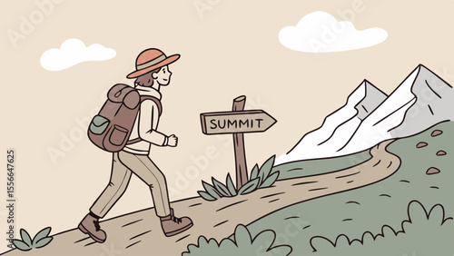 Hiker with backpack walking towards mountain summit on a winding path.