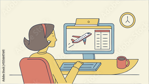 Woman booking flight online at desk with computer and coffee.