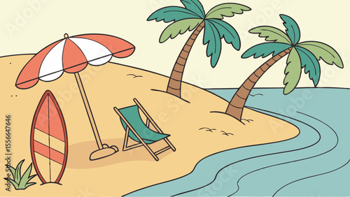 Tropical beach scene with surfboard and lounge chair.