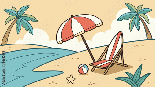 Relaxing beach scene with deck chair and umbrella.
