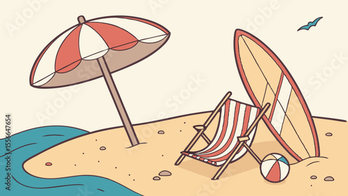 Relaxing beach scene with umbrella and surfboard.