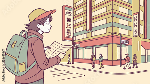 Young tourist with map exploring city street with colorful buildings.