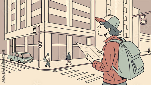 Young man with backpack navigating city street with map.