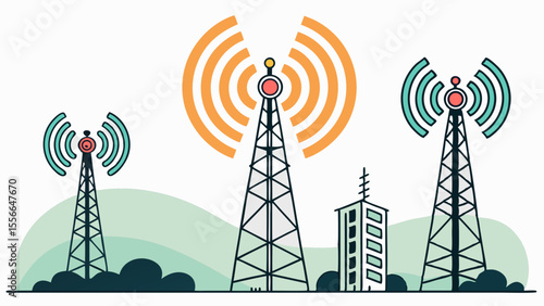Telecommunication towers with signal transmission.