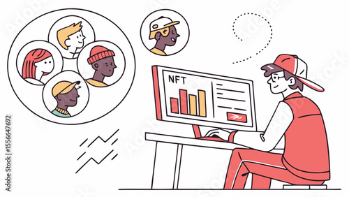 Man analyzing NFT data on computer with thought bubbles.