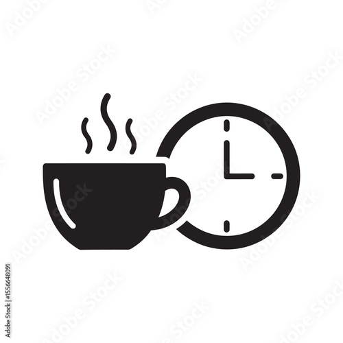 Coffee break time solid glyph icon with cup and clock for office rest period refreshment and relaxation symbol for work life balance vector