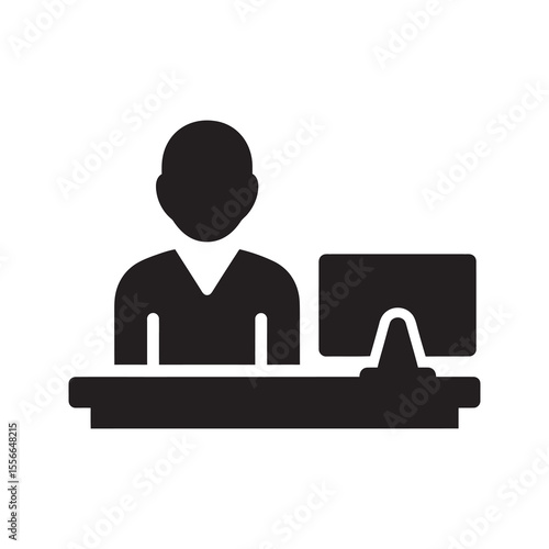 Employee at desk solid glyph icon for office worker and workspace business professional working on computer at their personal station vector