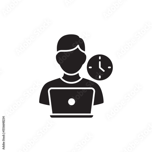 Employee time management solid glyph icon with person at laptop and clock for productivity and deadline tracking in a business office setting vector