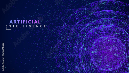Ai Dots Background. Abstract Tech Bg For Artificial Intelligence And Big Data Concept With Neon Lines, Numbers And Waves. High-tech Globe With Neon Light Motion Effect. Blue Ai Dots Background.