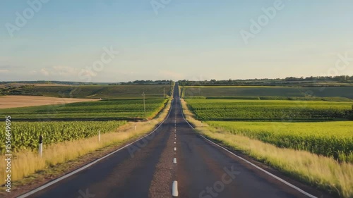 Endless road through summer countryside, green fields on both sides under bright sky, seamless drive loop.