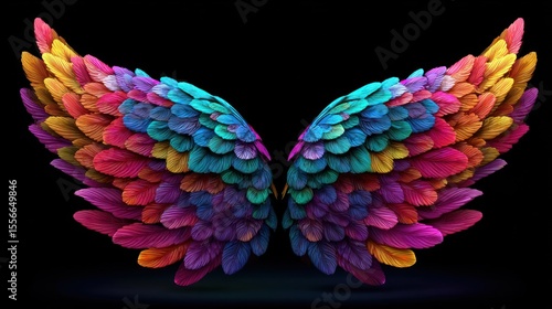 Vibrant multicolored angel wings against a black backdrop