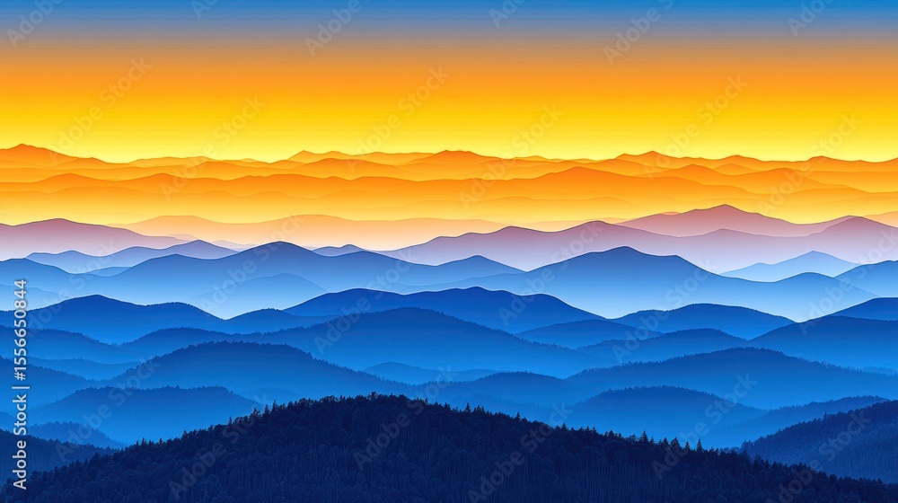Layered Mountain Ridges at Sunset: Gradient Hues of Blue and Gold Layered Mountain Ridges at Sunset: Gradient Hues of Blue and Gold