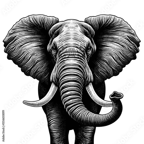 african elephant front view portrait illustration. Engraving style elephant image for print design. Powerful monochrome elephant graphic perfect for book cover, magazine cover, or wildlife documentary
