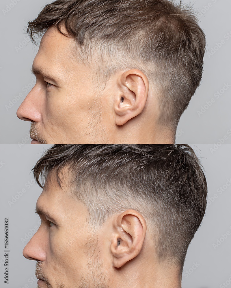 Obraz premium The noticeably thinning sides of the head compared to the dense, non-fake hair.