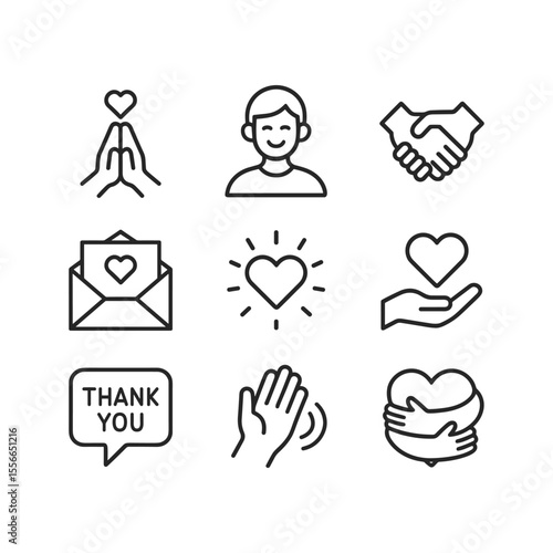 Thankfulness vector icon collection. Outline symbols. Line design