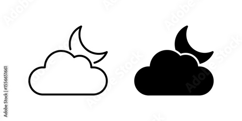 Partly Cloudy Night Icon Set. A black icon of partly cloudy night skies, representing evening weather.