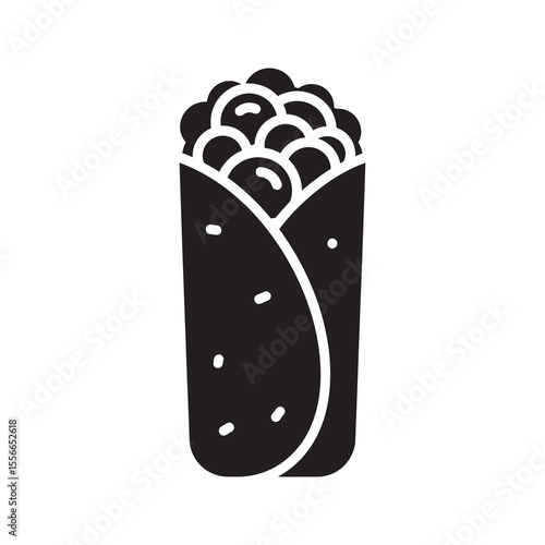 Solid glyph vector icon of a delicious food wrap or burrito for a fast food meal representing mexican cuisine shawarma or a tortilla sandwich