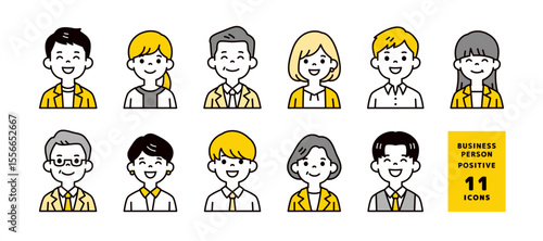 オフィスで働く、笑顔のビジネスパーソンのアバターアイコン素材セット＿ベクター