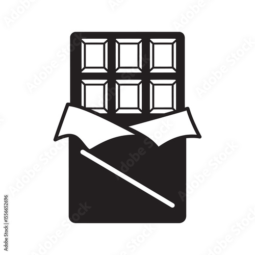 Solid glyph vector icon of a dark chocolate bar unwrapped for a sweet candy snack representing a delicious cacao dessert and confection treat