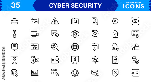 Cyber Security Icon Set Featuring Protection, Shield, Data, Encryption, and Firewall Concepts in a Professional, Clean, and SEO-Optimized Vector Style