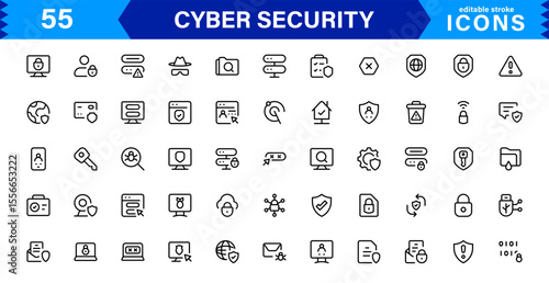 Cyber Security Icon Set Featuring Protection, Shield, Data, Encryption, and Firewall Concepts in a Professional, Clean, and SEO-Optimized Vector Style