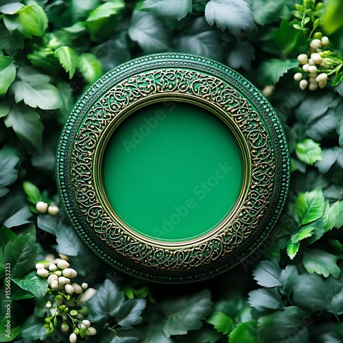 Emerald green circular frame with ornate gold detailing, nestled in lush green foliage
