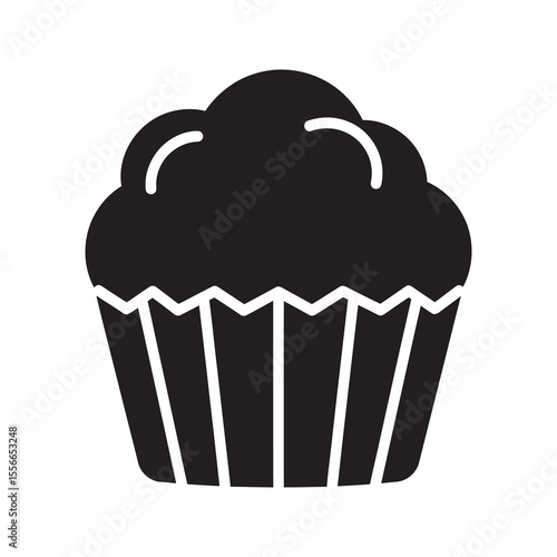 Solid glyph vector icon of a sweet muffin or cupcake for a bakery dessert representing a delicious homemade pastry and party snack food