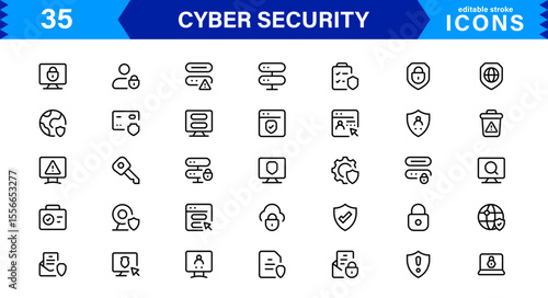 Cyber Security Icon Set Featuring Protection, Shield, Data, Encryption, and Firewall Concepts in a Professional, Clean, and SEO-Optimized Vector Style