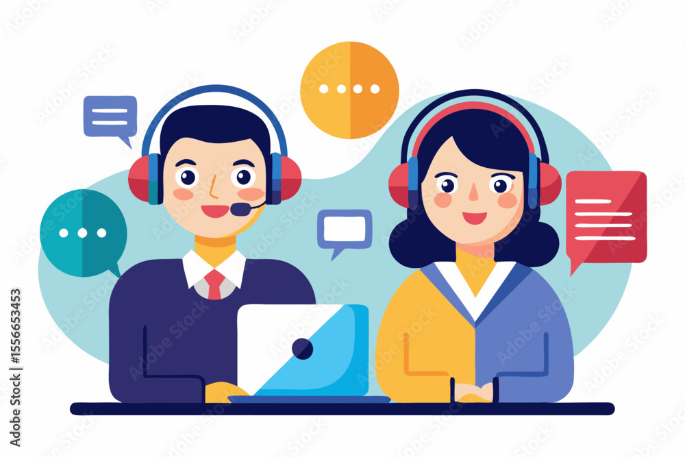 Obraz premium Call center. Help, Support and Contact. Customer Service Icon. Male and female call center working in headphones. Customer service character.