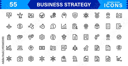 Business Strategy Icon Set Representing Growth, Planning, Success, Analytics, and Leadership in a Clean, Professional, and Market-Ready Vector Style