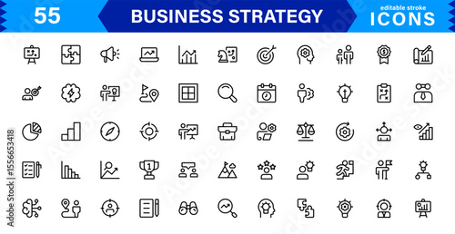 Business Strategy Icon Set Representing Growth, Planning, Success, Analytics, and Leadership in a Clean, Professional, and Market-Ready Vector Style
