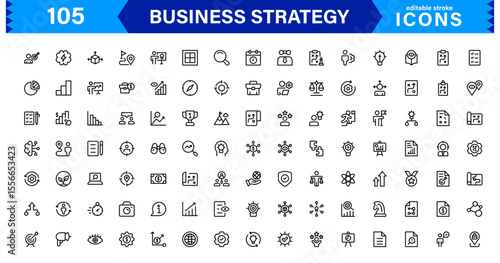 Business Strategy Icon Set Representing Growth, Planning, Success, Analytics, and Leadership in a Clean, Professional, and Market-Ready Vector Style