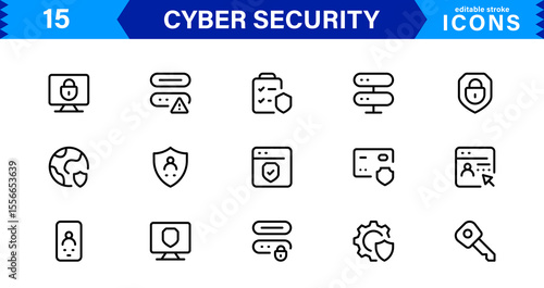 Cyber Security Icon Set Featuring Protection, Shield, Data, Encryption, and Firewall Concepts in a Professional, Clean, and SEO-Optimized Vector Style