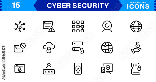 Cyber Security Icon Set Featuring Protection, Shield, Data, Encryption, and Firewall Concepts in a Professional, Clean, and SEO-Optimized Vector Style