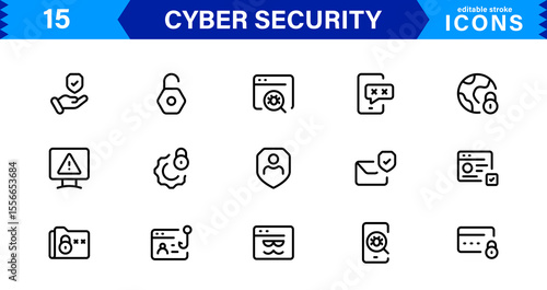 Cyber Security Icon Set Featuring Protection, Shield, Data, Encryption, and Firewall Concepts in a Professional, Clean, and SEO-Optimized Vector Style