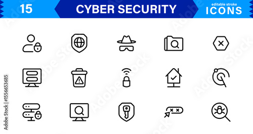 Cyber Security Icon Set Featuring Protection, Shield, Data, Encryption, and Firewall Concepts in a Professional, Clean, and SEO-Optimized Vector Style