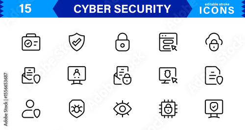 Cyber Security Icon Set Featuring Protection, Shield, Data, Encryption, and Firewall Concepts in a Professional, Clean, and SEO-Optimized Vector Style