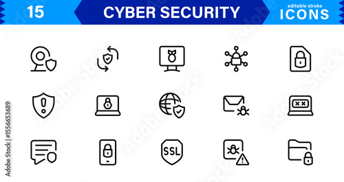 Cyber Security Icon Set Featuring Protection, Shield, Data, Encryption, and Firewall Concepts in a Professional, Clean, and SEO-Optimized Vector Style