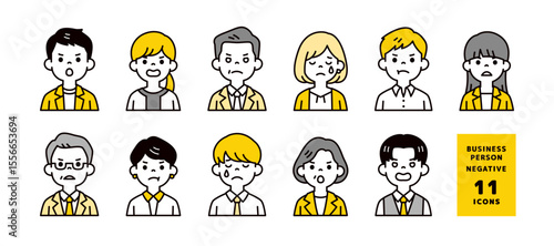 オフィスで働く、ネガティブな表情のビジネスパーソンのアバターアイコン素材セット＿ベクター