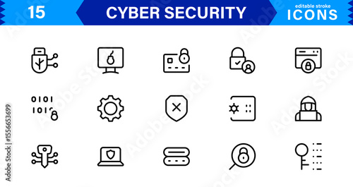 Cyber Security Icon Set Featuring Protection, Shield, Data, Encryption, and Firewall Concepts in a Professional, Clean, and SEO-Optimized Vector Style