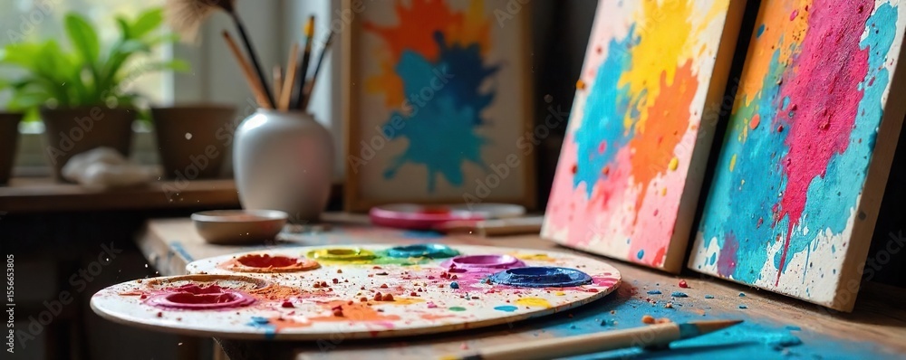 A vibrant studio scene featuring an artist's palette overflowing with bright, mixed colors, paintbrushes, and canvases displaying colorful abstract artwork , texture, modern art A vibrant studio scene featuring an artist's palette overflowing with bright, mixed colors, paintbrushes, and canvases displaying colorful abstract artwork , texture, modern art