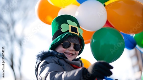 A child celebrates st patrick's day with balloons and a festive hat in outdoor setting
