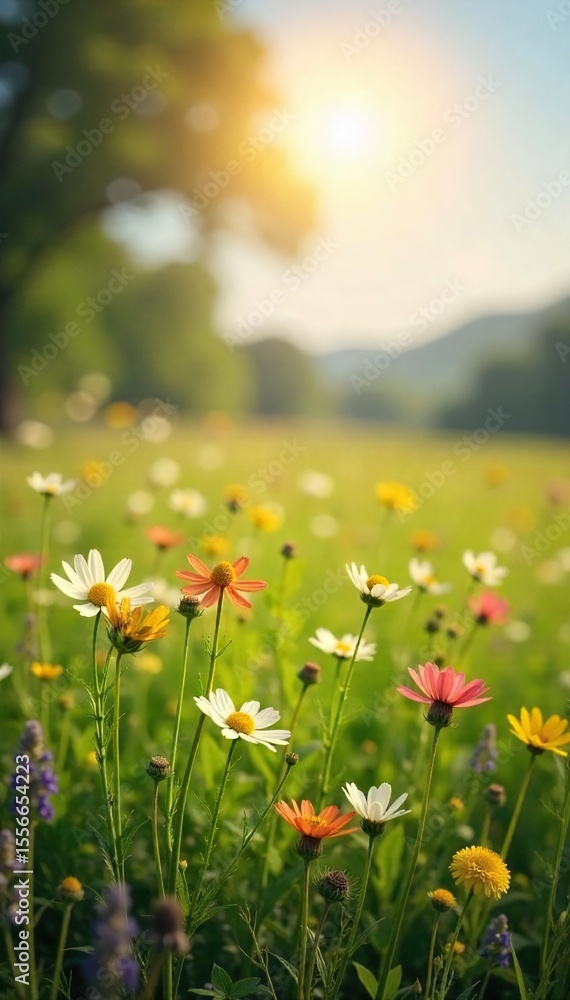 Obraz premium Sun-Drenched Meadow Wildflowers Swaying Gently in a Nostalgic Summer Breeze, Evoking Peace and Calm - Perfect for Travel, Nature, and Memory Themes