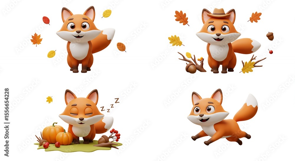Fototapeta premium Four cartoon fox characters autumn themed illustrations
