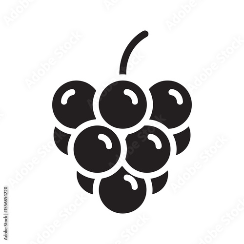 Solid glyph vector icon of a bunch of grapes on a vine representing a fresh fruit for wine production and a healthy sweet snack