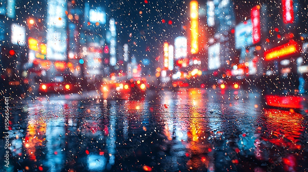 Obraz premium City Street at Night During Rainfall with Colorful Neon Lights Reflection